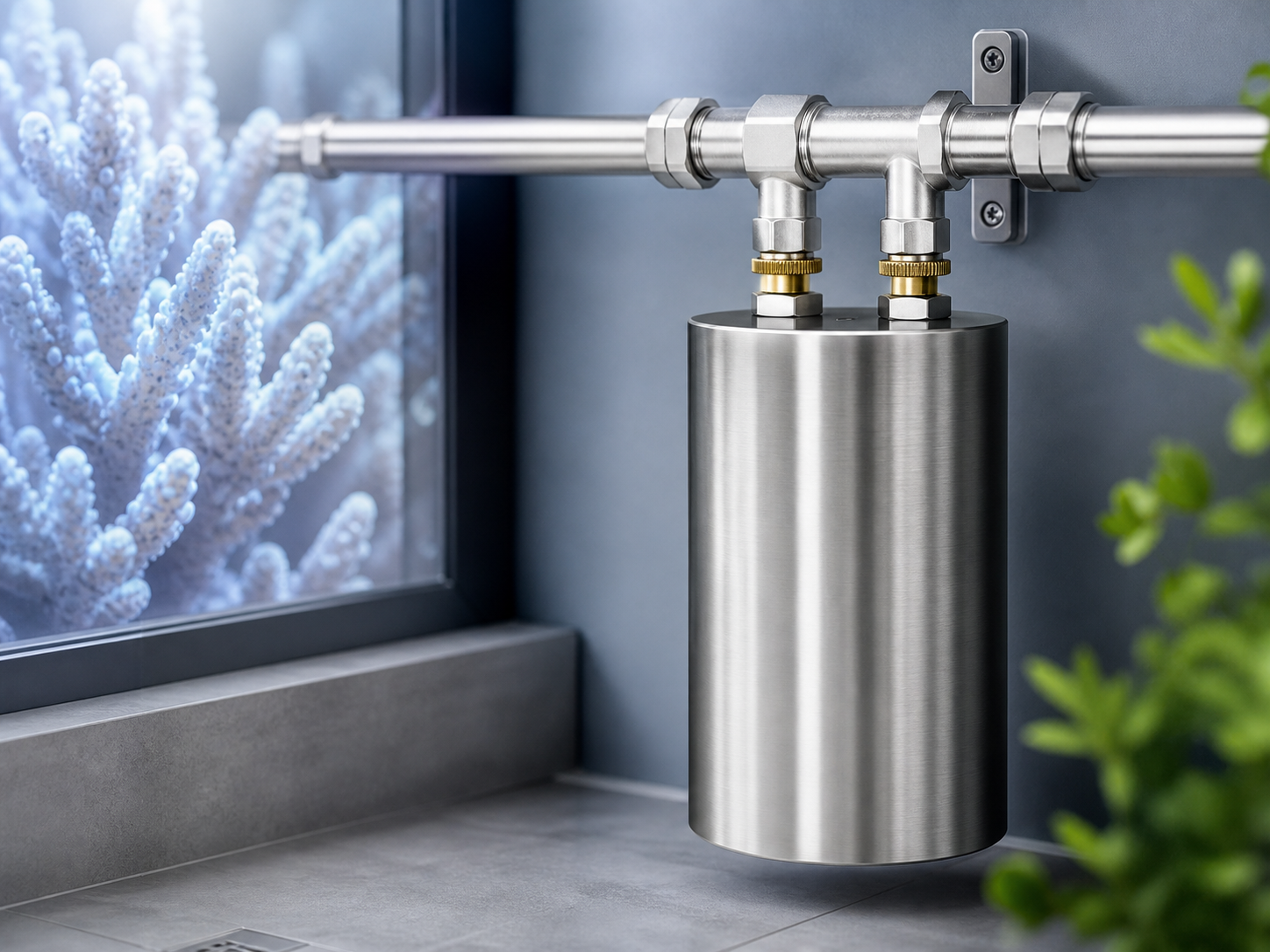 Zylindrischer maitron Kalkwandler an einer Hauswasserleitung mit Korallenstruktur als biomineralischem Vorbild